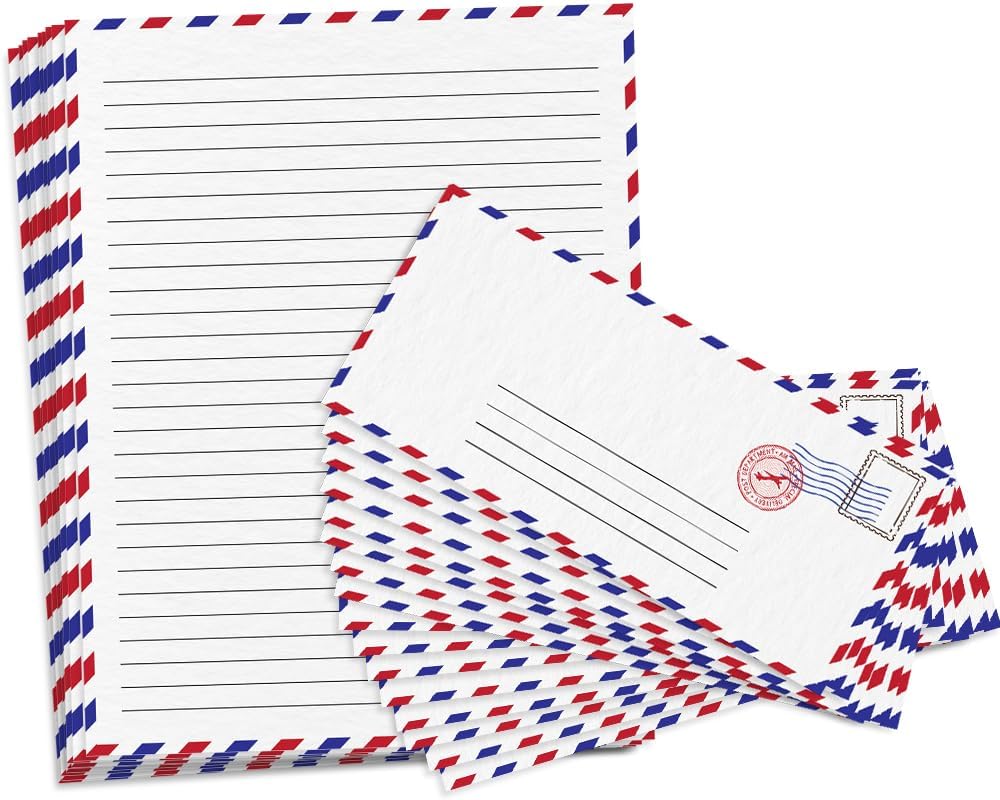 ArtCreativity 100 Pieces Vintage Stationery Paper and Envelopes Set - 50 Double Sided Airmail Sheets and 50 Envelopes - Pen Pal Stationery Letters and Envelopes with Air Mail Design