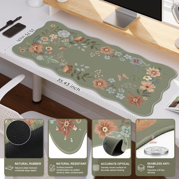 iCasso Floral Desk Mat for Keyboard and Mouse, Large Mouse Pad for Desk, Desk Matt for Desktop, Desk Pad Mat, Anti-Slip Big Mousepad with Stitched Edges for Computer(Bean Green) - Image 2