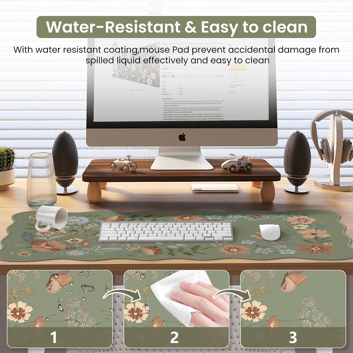 iCasso Floral Desk Mat for Keyboard and Mouse, Large Mouse Pad for Desk, Desk Matt for Desktop, Desk Pad Mat, Anti-Slip Big Mousepad with Stitched Edges for Computer(Bean Green) - Image 5