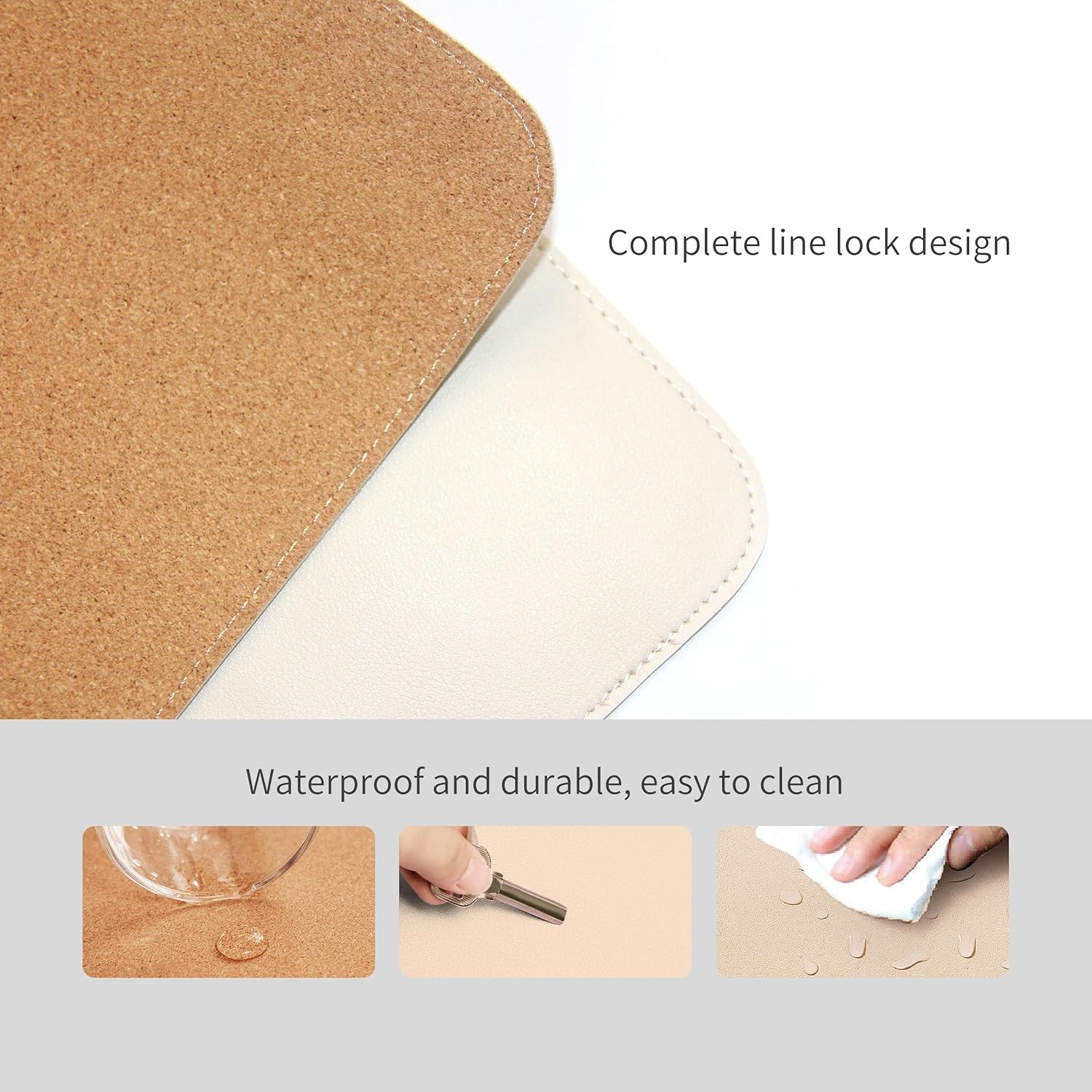 RENMTURE Dual-Sided Mouse Pad, Natural Cork & PU Leather Large Desk Pad for Office and Home Work, Desk Protector Non-Slip, Waterproof, Easy Clean (Apricot, 36"x17") - Image 3