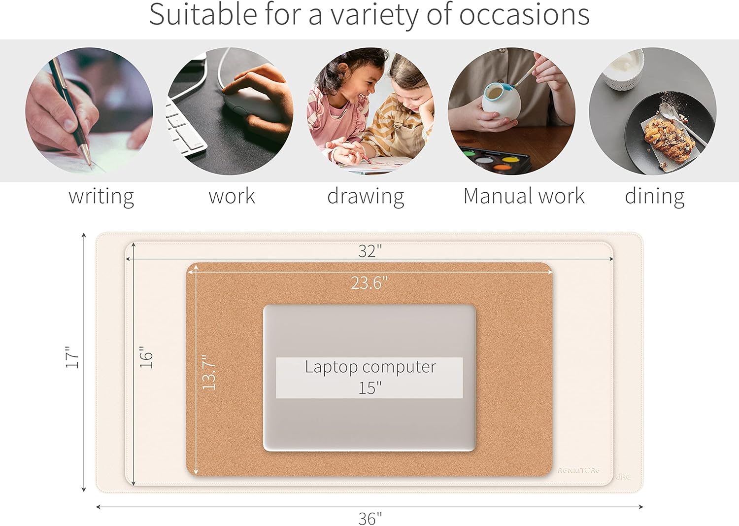 RENMTURE Dual-Sided Mouse Pad, Natural Cork & PU Leather Large Desk Pad for Office and Home Work, Desk Protector Non-Slip, Waterproof, Easy Clean (Apricot, 36"x17") - Image 6