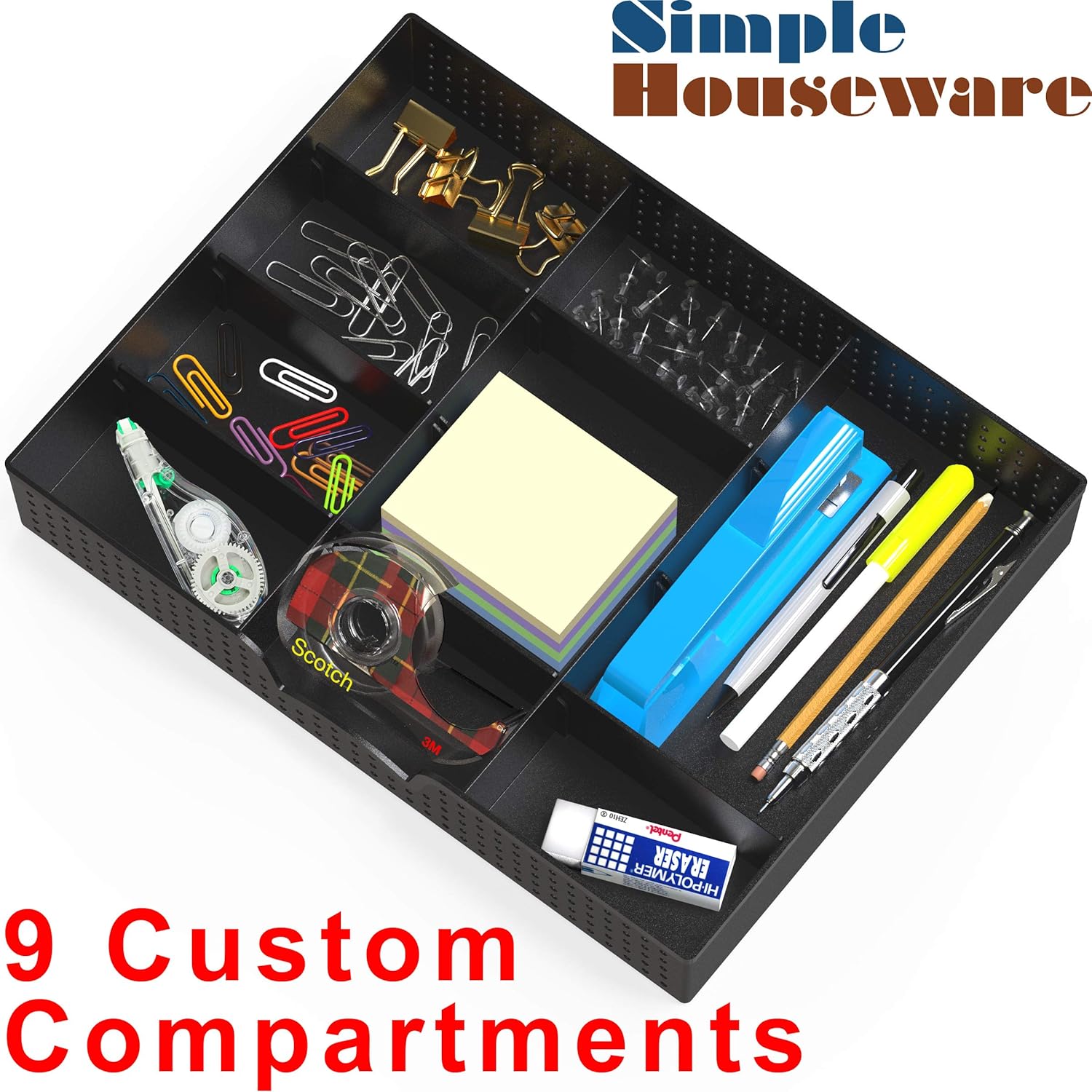 Simple Houseware Drawer Organizer Tray with 9 Adjustable Compartments, Black - Image 4