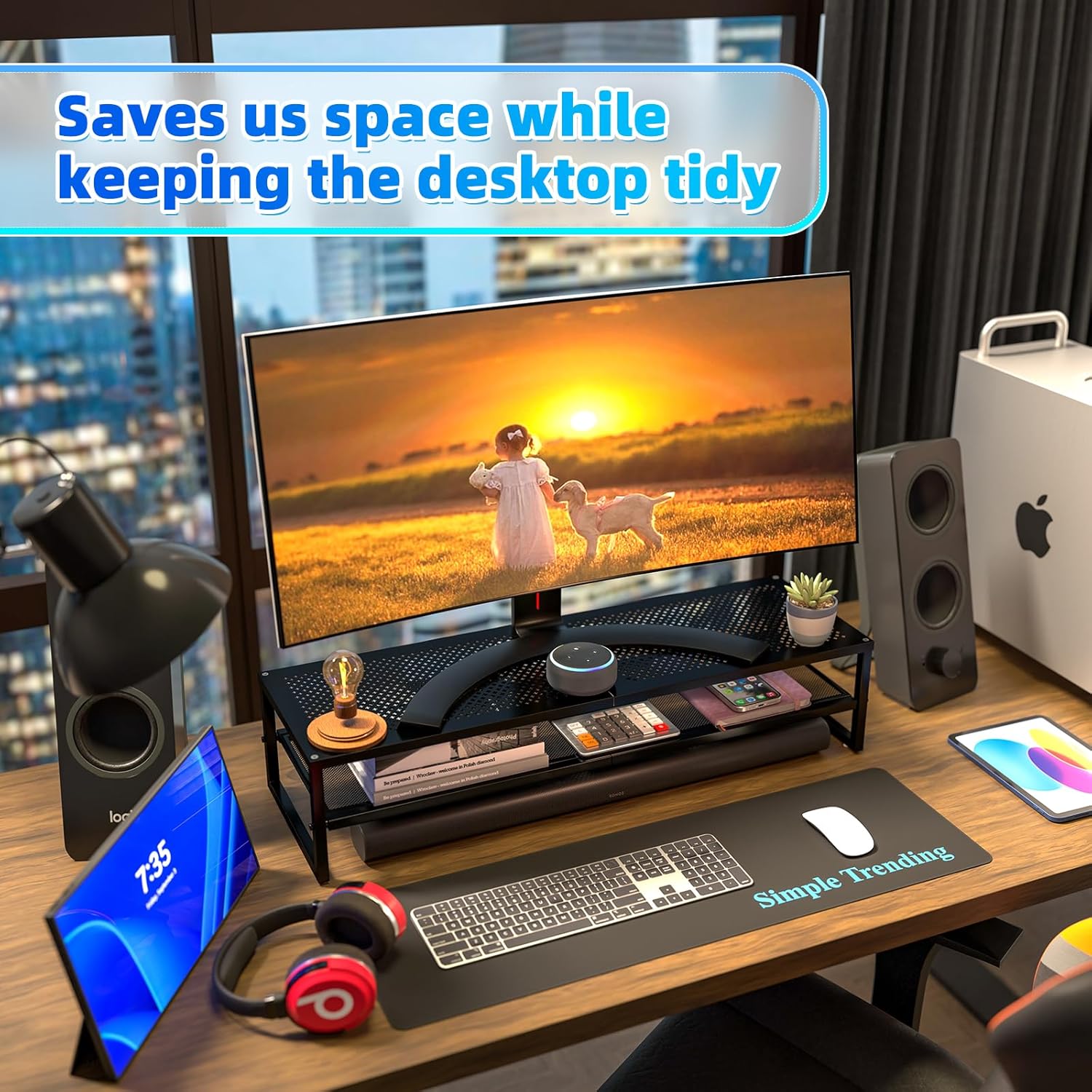 Simple Trending 2 Tier Metal Dual Monitor Stand Riser,Computer Office Desktop Organizer for 2 Monitors With 32"x10" Mouse Pad ,for Laptop,Printer,TV,Black - Image 2