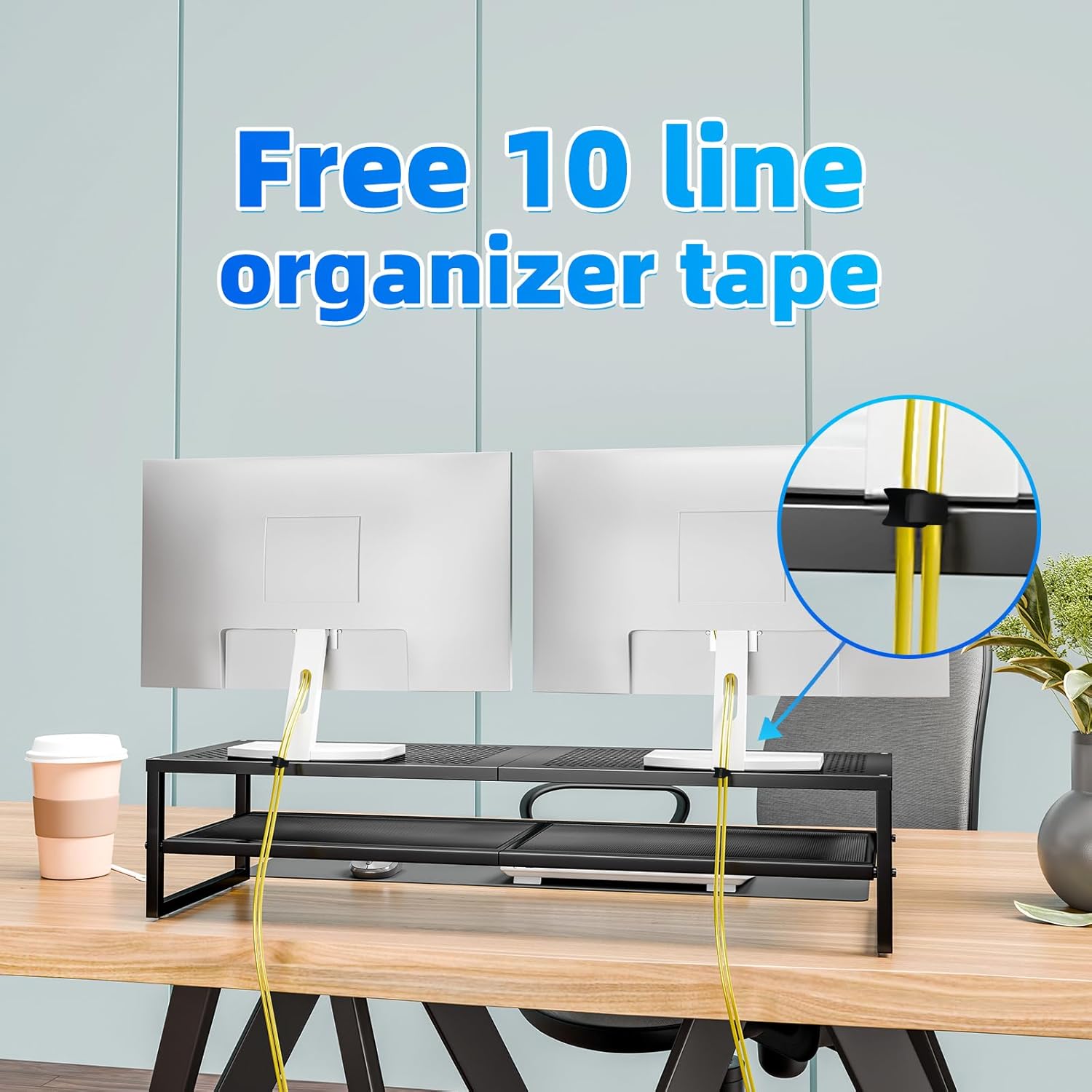 Simple Trending 2 Tier Metal Dual Monitor Stand Riser,Computer Office Desktop Organizer for 2 Monitors With 32"x10" Mouse Pad ,for Laptop,Printer,TV,Black - Image 3