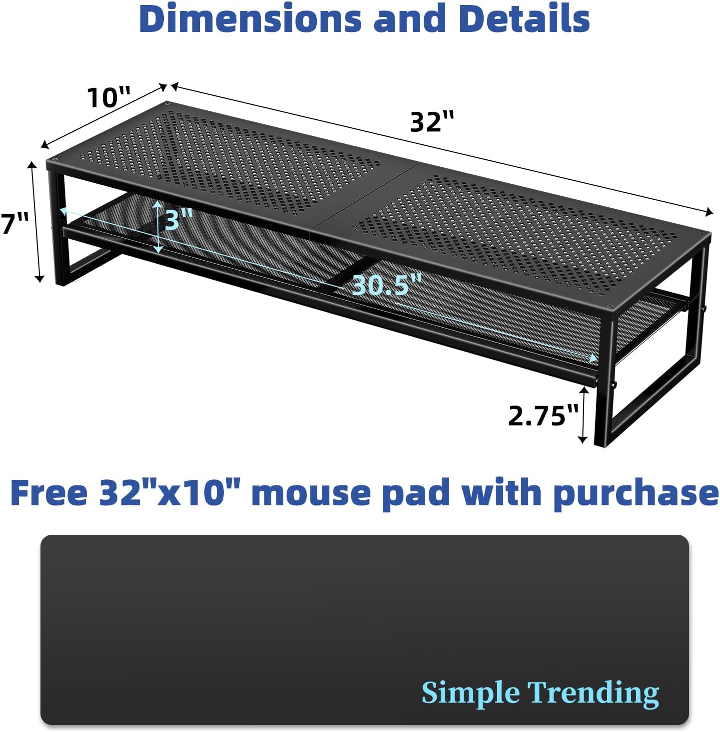 Simple Trending 2 Tier Metal Dual Monitor Stand Riser,Computer Office Desktop Organizer for 2 Monitors With 32"x10" Mouse Pad ,for Laptop,Printer,TV,Black - Image 6