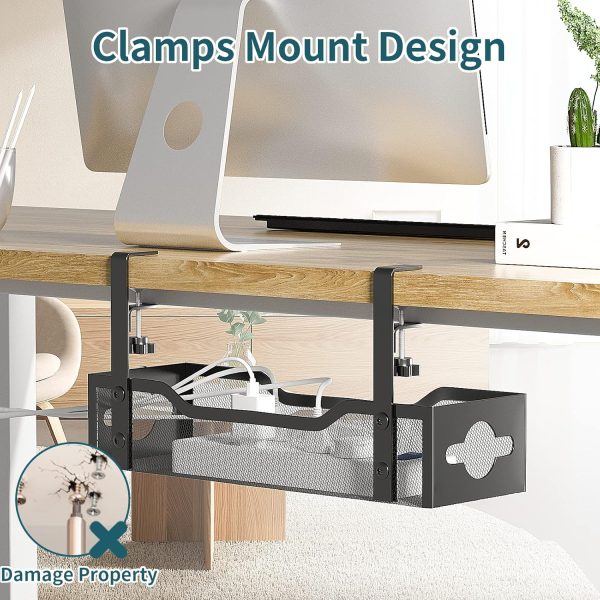 Under Desk Cable Management Tray No Drill, Metal Mesh Cable Management Under Desk with Clamp Mount, 2 Hole Cable Tray with Desk Wire Management and Desk Cord Organizer for Home Office Standing Desk - Image 2