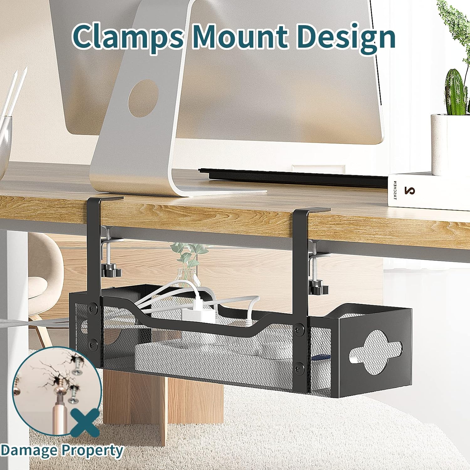 Under Desk Cable Management Tray No Drill, Metal Mesh Cable Management Under Desk with Clamp Mount, 2 Hole Cable Tray with Desk Wire Management and Desk Cord Organizer for Home Office Standing Desk - Image 2