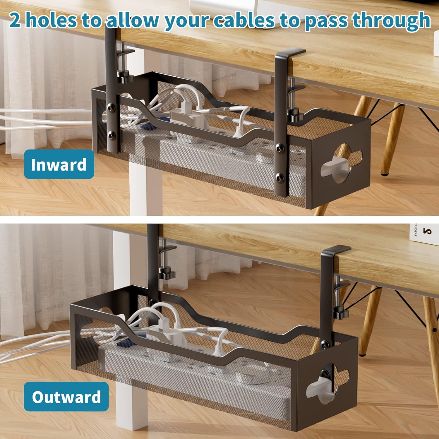 Under Desk Cable Management Tray No Drill, Metal Mesh Cable Management Under Desk with Clamp Mount, 2 Hole Cable Tray with Desk Wire Management and Desk Cord Organizer for Home Office Standing Desk - Image 5