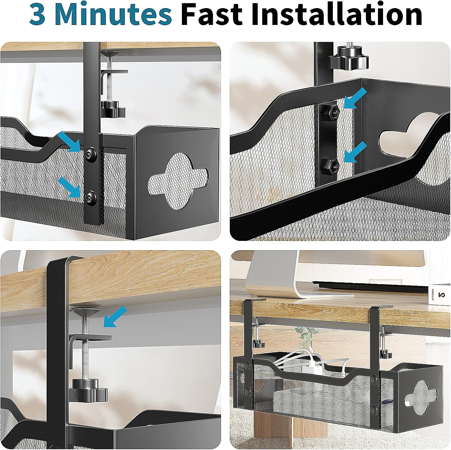 Under Desk Cable Management Tray No Drill, Metal Mesh Cable Management Under Desk with Clamp Mount, 2 Hole Cable Tray with Desk Wire Management and Desk Cord Organizer for Home Office Standing Desk - Image 6